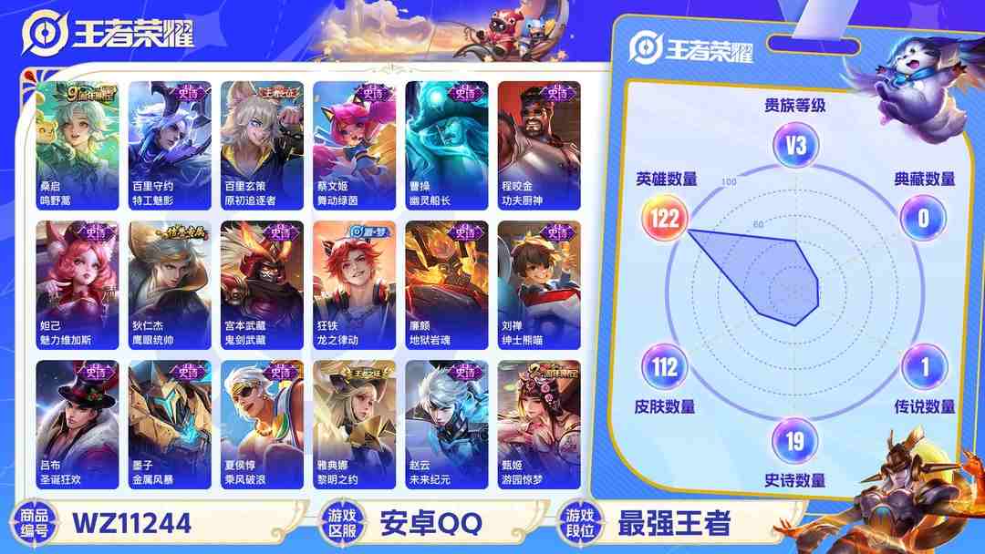 王者荣耀账号安卓QQ【WZX4546】贵族3/皮肤112/传说1/史诗19/英雄122/艾琳_女武神/狂铁_特工战影/桑启_鸣野蒿/白起_狰/姜子牙_天穹之誓/狄仁杰_阴阳师/虞姬_凯尔特女王/庄周_高山流水/钟无艳_