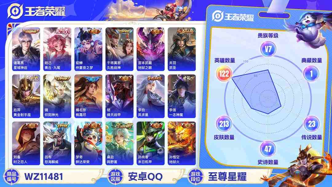 王者荣耀账号安卓QQ【WZF5369】贵族7/皮肤213/典藏1/传说23/史诗46/英雄122/诸葛亮_星域神启/妲己_青丘·九尾/艾琳_女武神/狂铁_特工战影/孙悟空_地狱火/宫本武藏_地狱之眼/孙尚香_末日机甲/