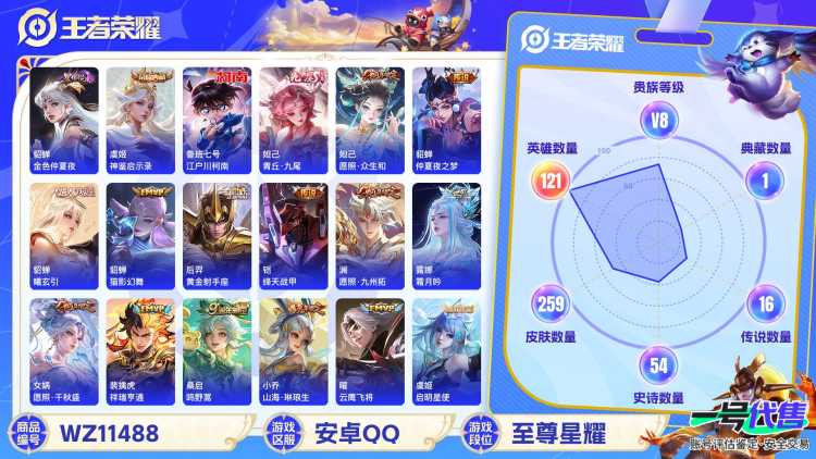 【WZF5387】贵族8/皮肤259/典藏1/传说16/史诗53/英雄121/虞姬_神鉴启示录/貂蝉_金色仲夏夜/妲己_青丘·九尾/鲁班七号_江户川柯南/孙尚香_蔷薇恋人/高渐离_玩趣恶龙/貂蝉_仲