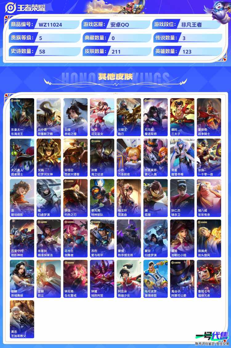 安卓QQ 123英雄 211皮肤 贵族等级5  鸣野蒿 愿照·九州拓 黄金狮子座 纤云弄巧 心灵战警 箭羽风息 云间偶戏 暗隐猎兽者 冰锋战神 绅士熊喵 电玩·爆裂旋风 天才门将 德古拉伯爵 圣...