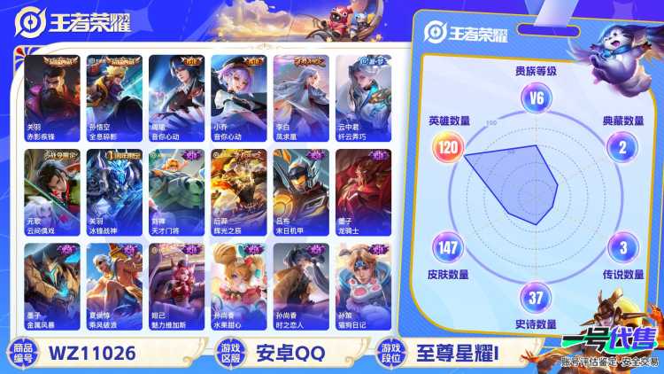 安卓QQ 120英雄 147皮肤 贵族等级6 已兑换荣耀水晶数2  赤影疾锋 全息碎影 音你心动 音你心动 凤求凰 纤云弄巧 云间偶戏 冰锋战神 天才门将 辉光之辰 末日机甲 龙骑士 金属风暴 ...