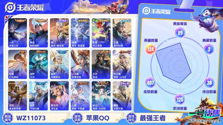 苹果QQ 124英雄 407皮肤 贵族等级9 已兑换荣耀水晶数2  天鹅之梦 弑枪猎影 器灵·螭龙剑 器灵·落星盏 时之奇旅 鹤归松栖 幻光神枪 太华 炽翼辉光 祈雪灵祝 武圣 愿照·山河定 黄...