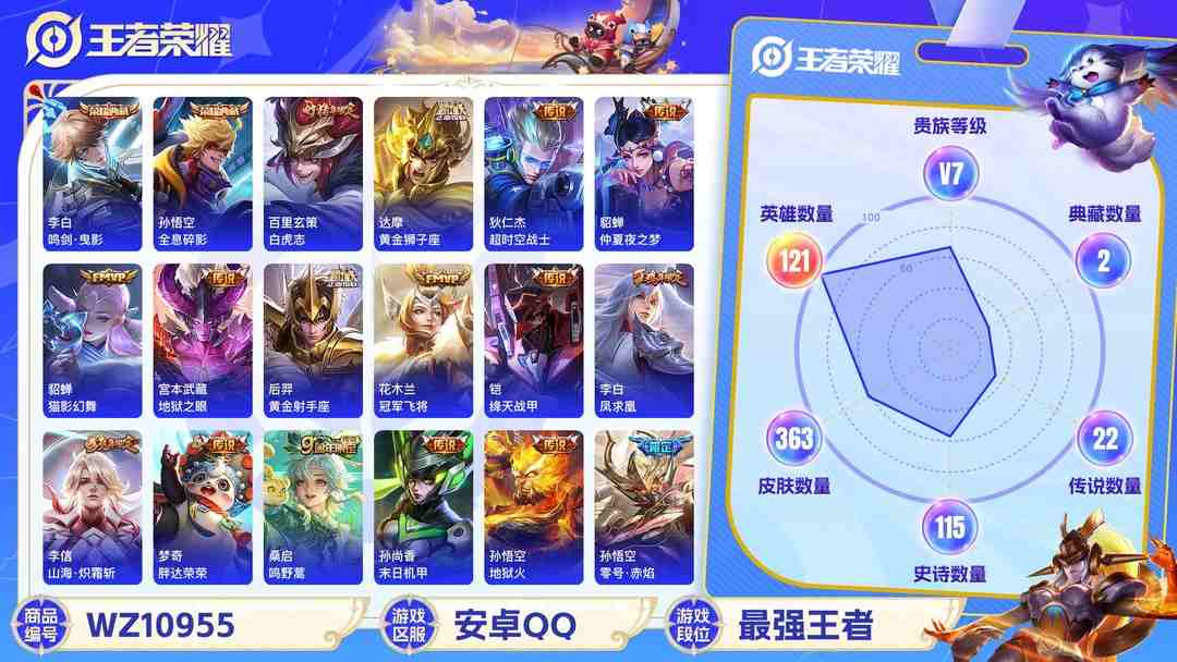 王者荣耀账号安卓QQ【WZ2956】贵族7/皮肤363/典藏2/传说22/史诗115/英雄121/孙悟空_全息碎影/李白_鸣剑·曳影/孙尚香_蔷薇恋人/艾琳_女武神/高渐离_玩趣恶龙/狂铁_特工战影/赵云_淬星耀世/孙