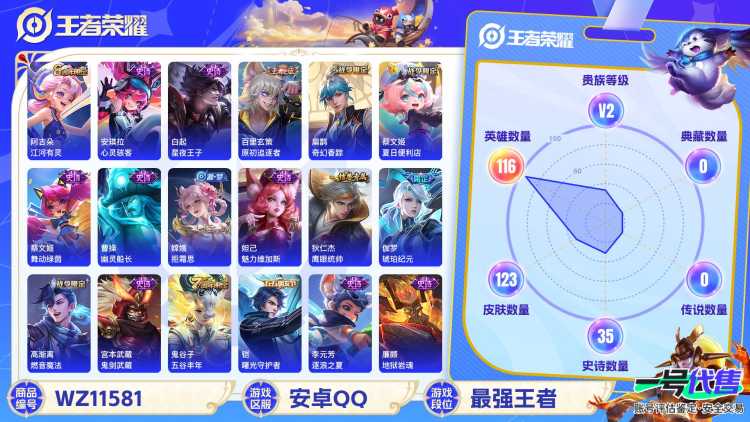【WZX4698】贵族2/皮肤123/史诗34/英雄116/孙尚香_蔷薇恋人/狂铁_特工战影/蒙犽_顽岩魄/蔡文姬_夏日便利店/虞姬_夏日便利店/姜子牙_天穹之誓/狄仁杰_阴阳师/墨子_降魔/孙尚香