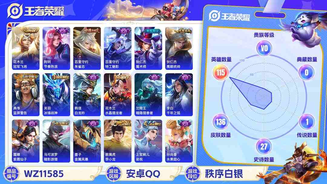 王者荣耀账号安卓QQ【WZX4694】贵族0/皮肤136/传说1/史诗27/英雄115/狂铁_特工战影/花木兰_冠军飞将/狄仁杰_阴阳师/虞姬_凯尔特女王/赵云_皇家上将/嬴政_白昼王子/庄周_蜃楼王/钟无艳_王者之锤