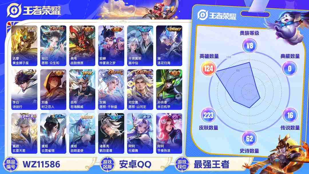 王者荣耀账号安卓QQ【WZX4692】贵族8/皮肤223/传说16/史诗62/英雄124/狂铁_特工战影/孙尚香_末日机甲/貂蝉_仲夏夜之梦/达摩_黄金狮子座/虞姬_云霓雀翎/刘备_时之恋人/虞姬_启明星使/李白_诗剑