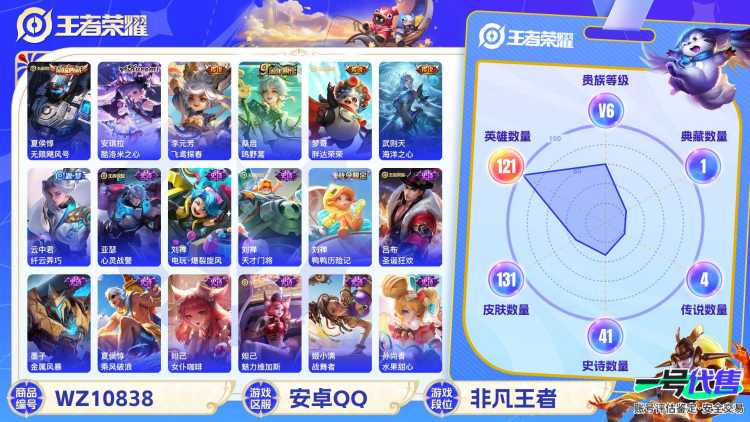 安卓QQ 121英雄 131皮肤 贵族等级6 已兑换荣耀水晶数1  无限飓风号 酷洛米之心 飞鸢探春 鸣野蒿 胖达荣荣 海洋之心 纤云弄巧 心灵战警 电玩·爆裂旋风 天才门将 鸭鸭历险记 圣诞狂...