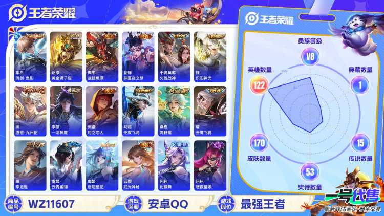 【WZN4354】贵族8/皮肤170/典藏1/传说15/史诗52/英雄122/李白_鸣剑·曳影/孙尚香_蔷薇恋人/艾琳_女武神/貂蝉_仲夏夜之梦/达摩_黄金狮子座/虞姬_云霓雀翎/干将莫邪_久胜战神