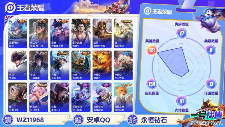 【WZX4711】贵族7/皮肤154/传说13/史诗41/英雄121/孙尚香_蔷薇恋人/孙悟空_地狱火/貂蝉_仲夏夜之梦/后羿_黄金射手座/李信_一念神魔/曜_云鹰飞将/镜_炽阳神光/孙策_末日机甲