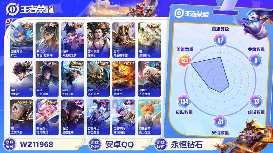 王者荣耀账号安卓QQ【WZX4711】贵族7/皮肤154/传说13/史诗41/英雄121/孙尚香_蔷薇恋人/孙悟空_地狱火/貂蝉_仲夏夜之梦/后羿_黄金射手座/李信_一念神魔/曜_云鹰飞将/镜_炽阳神光/孙策_末日机甲