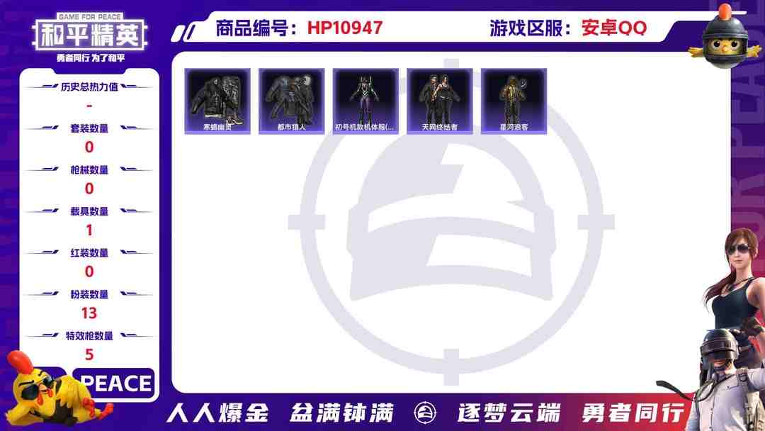 和平精英账号安卓QQ可二次【连体号天网寒蝎幽灵都市猎人梦幻火箭满级至情至圣13粉装5特效枪1载具素材号 送王者39传说262皮肤1典藏1珍品1星元】 安卓Q区-69460热力值-14印记-173套装-201枪皮 【1载