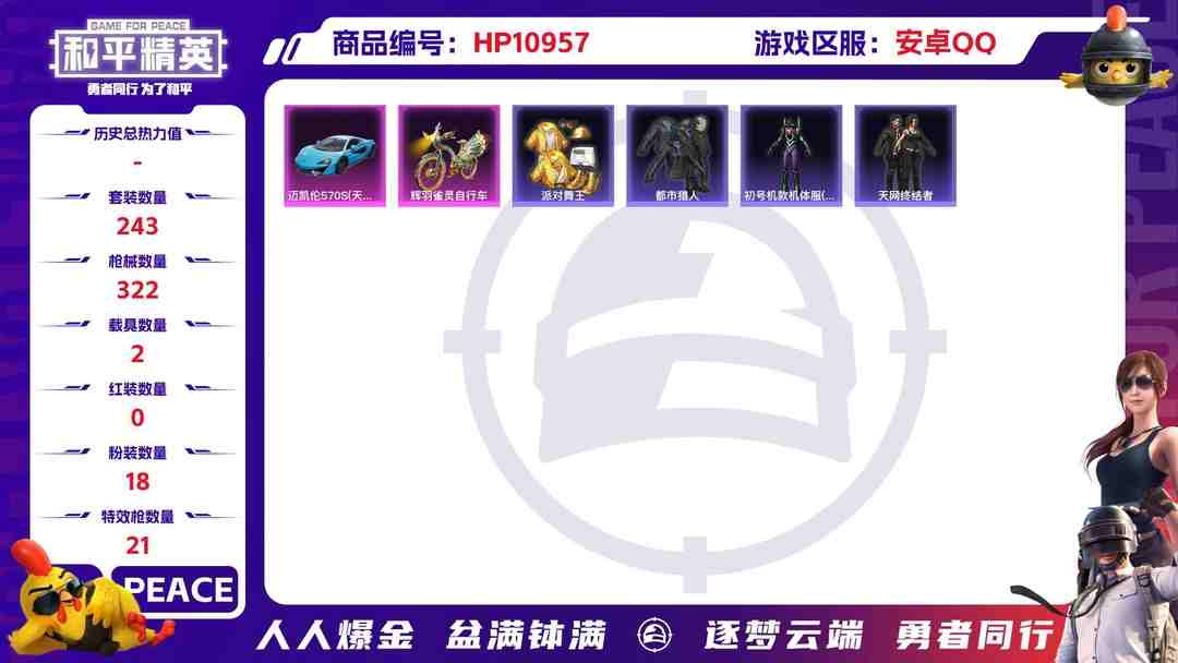 和平精英账号安卓QQ【1红装战神框木乃伊金鞋天网小丑22粉装21特效枪2载具身法素材号】 安卓Q区-114679热力值-16印记-历史最高段位:无敌战神-243套装-322枪皮 【1红装】 辉羽雀灵-初翊(1级)【2载