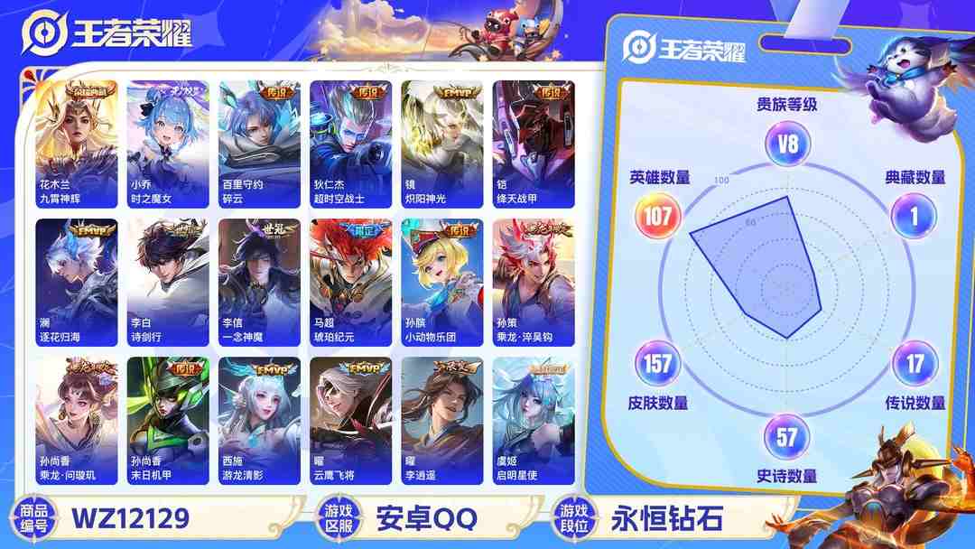 王者荣耀账号安卓QQ【WZF5415】贵族8/皮肤157/典藏1/传说17/史诗56/英雄107/花木兰_九霄神辉/小乔_时之魔女/狄仁杰_超时空战士/孙尚香_末日机甲/李信_一念神魔/曜_云鹰飞将/虞姬_启明星使/镜