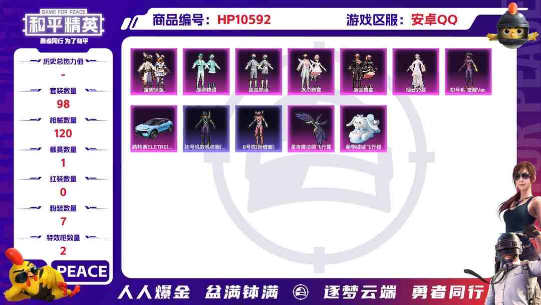 和平精英账号安卓QQ可二次【三色螳螂五爪金龙7粉装2特效枪1载具】 安卓Q区-42582热力值-7印记-98套装-120枪皮 【1载具】 路特斯EL蓝色【2稀有】 Mark.06蓝螳螂 8号机粉螳螂【7粉装】 角色-初