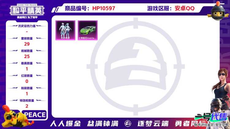 可二次【1载具2特效枪1粉装】 安卓Q区-9580热力值-1印记-29套装-25枪皮 【1载具】 兰博SVJ绿色【1粉装】 幻彩电音【2特效枪】 Kar98K-巳巳如意(4级) Mk14-甜梦熊击(