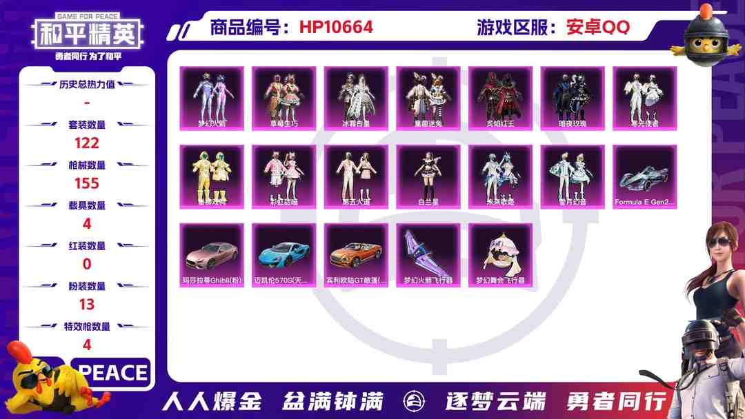 和平精英账号安卓QQ可二次【女号梦幻火箭13粉装4特效枪4载具】 安卓Q区-56176热力值-6印记-122套装-155枪皮 【4载具】 玛莎拉蒂粉色 Formula E Gen2(巅峰兰) 宾利欧陆GT敞篷(火焰橘)