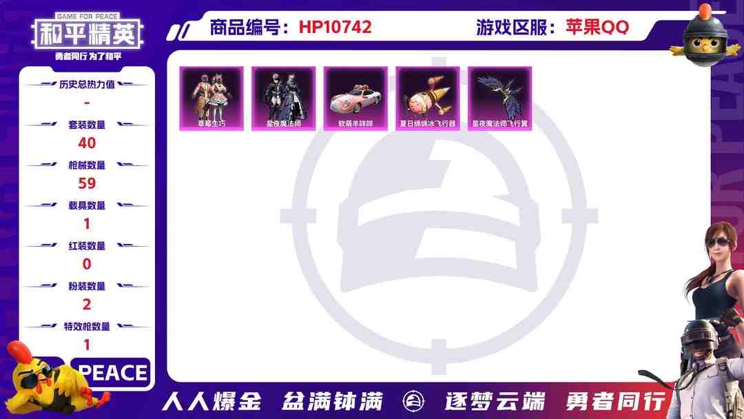 和平精英账号苹果QQ可二次【1载具2粉装1特效枪】 苹果Q区-18608热力值-2印记-40套装-59枪皮 【1载具】 软萌羊咩咩【2粉装】 草莓生巧 星夜魔法师【1特效枪】 Kar98K-巳巳如意(5级)【18热门】