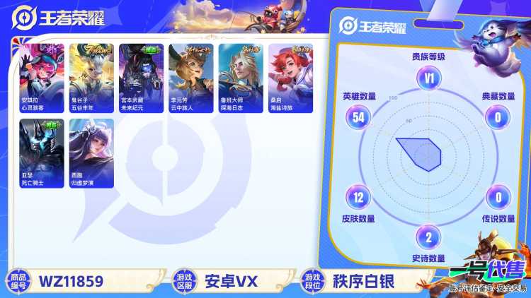 【练手小号 社交限制】安卓V区-54英雄-12皮肤【史诗皮肤】五谷丰年 心灵骇客【勇者皮肤】探海日志 云中旅人 海盐诗旅 未来纪元 死亡骑士 太极少年 营地ID:1826760021