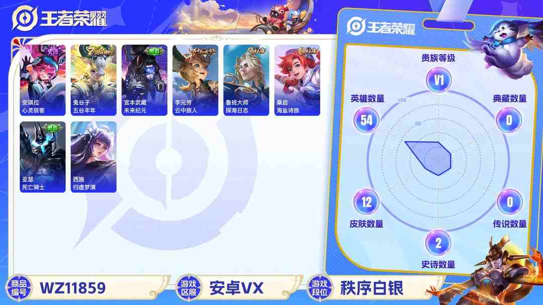 王者荣耀账号安卓VX【练手小号 社交限制】安卓V区-54英雄-12皮肤【史诗皮肤】五谷丰年 心灵骇客【勇者皮肤】探海日志 云中旅人 海盐诗旅 未来纪元 死亡骑士 太极少年 营地ID:1826760021