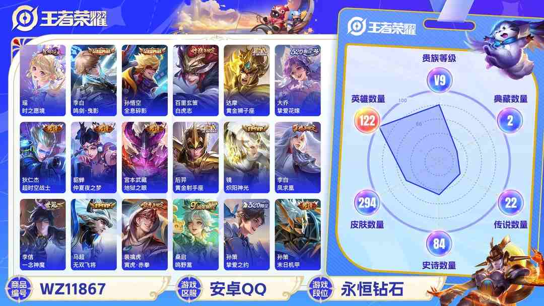 王者荣耀账号安卓QQ可二次【23传说294皮肤2水晶1星元】安卓QQ-122英雄-294皮肤【2水晶】 全息碎影 鸣剑·曳影【星元皮肤】时之愿境【传说皮肤】白虎志 时之祈愿 李逍遥 鸣野蒿 云鹰飞将 无双飞将 挚爱花嫁