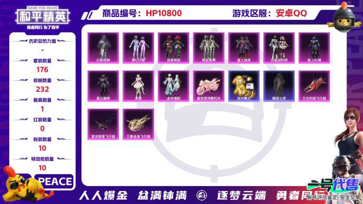 可二次【金鞋暗夜之虎梦幻火箭10粉装10特效枪1载具】 安卓Q区-74356热力值-12印记-176套装-232枪皮 【1载具】 盛世惊鸿摩托车【3稀有】 派对舞王 派对舞王（金靴子） 暗夜之虎【1