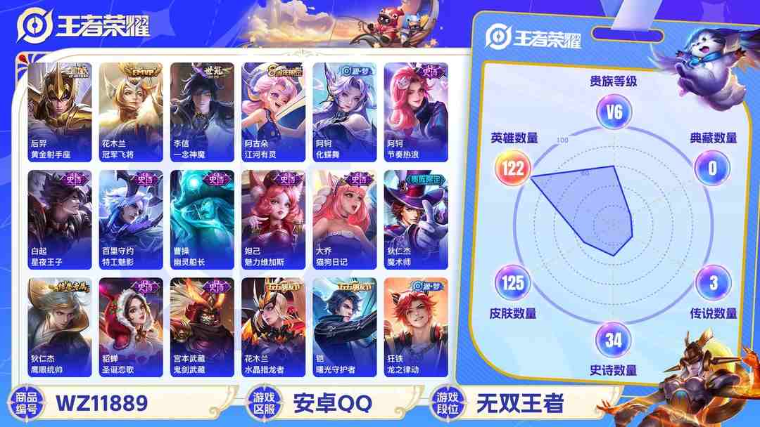 王者荣耀账号安卓QQ【一念神魔3传说】安卓QQ-122英雄-125皮肤【传说皮肤】黄金射手座 冠军飞将 一念神魔【史诗皮肤】龙之律动 星界战将 江河有灵 天穹祈灯 完美运算 幽灵船长 魅力维加斯 猫狗日记 魔术师 鹰眼