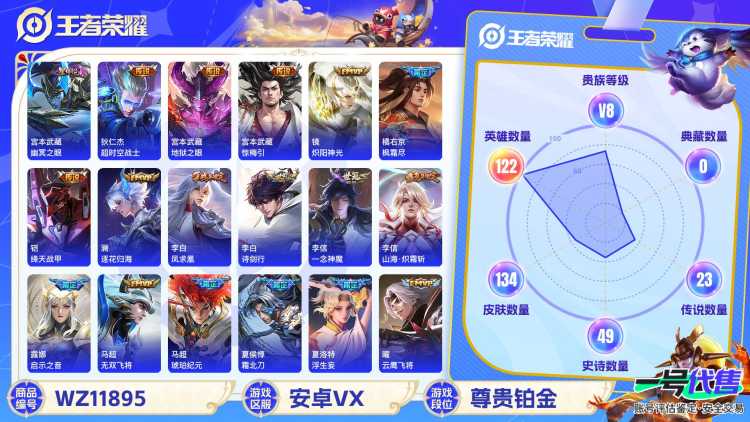 可二次【23传说1星元】安卓V区-122英雄-134皮肤【星元皮肤】幽冥之眼【传说皮肤】李逍遥 鹤归松栖 逐花归海 琥珀纪元 惊梅引 霜北刀 启示之音 云鹰飞将 山海·苍雷引 浮生妄 山海·炽霜斩 