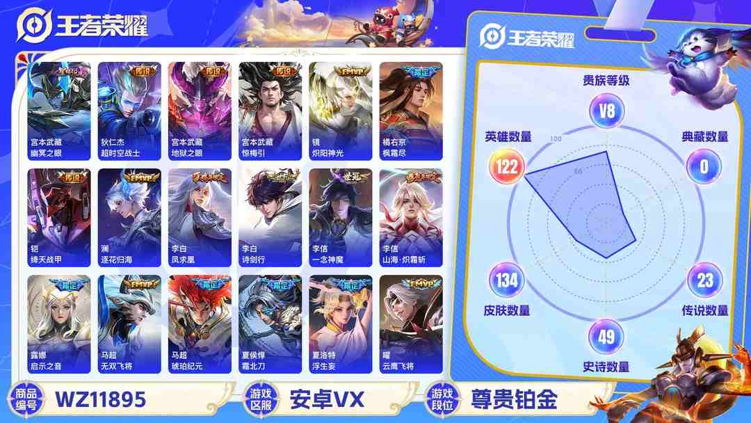 王者荣耀账号安卓VX可二次【23传说1星元】安卓V区-122英雄-134皮肤【星元皮肤】幽冥之眼【传说皮肤】李逍遥 鹤归松栖 逐花归海 琥珀纪元 惊梅引 霜北刀 启示之音 云鹰飞将 山海·苍雷引 浮生妄 山海·炽霜斩 