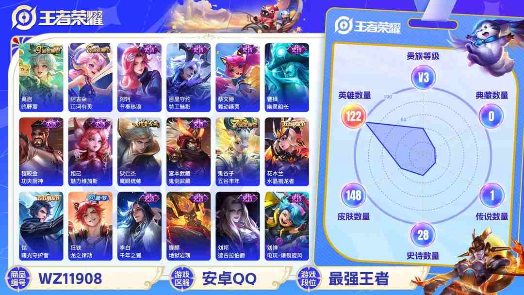 王者荣耀账号安卓QQ可二次【148皮肤1传说】安卓QQ-122英雄-148皮肤【传说皮肤】鸣野蒿【史诗皮肤】龙之律动 江河有灵 天穹祈灯 天穹之誓 电玩·爆裂旋风 完美运算 百解令 舞动绿茵 幽灵船长 功夫厨神 魅力维