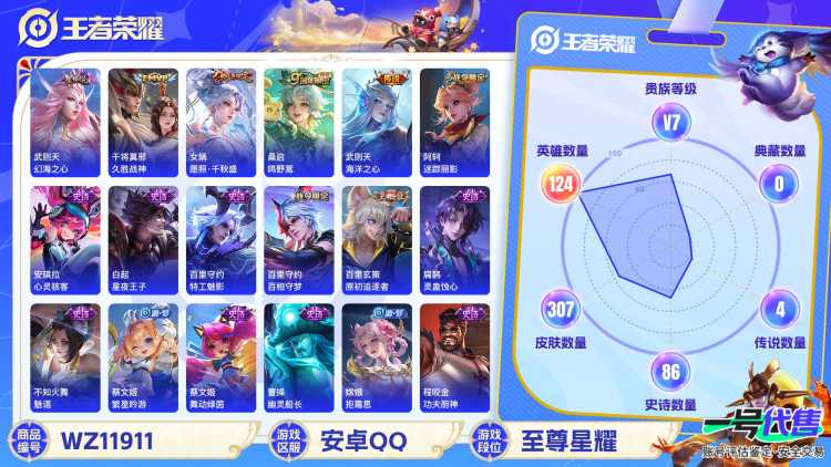 可二次【307皮肤1水晶4传说1星元】安卓QQ-124英雄-307皮肤【1水晶】 武则天 【星元皮肤】幻海之心【传说皮肤】愿照·千秋盛 鸣野蒿 久胜战神 海洋之心【史诗皮肤】星界战将 妄想食味 地狱