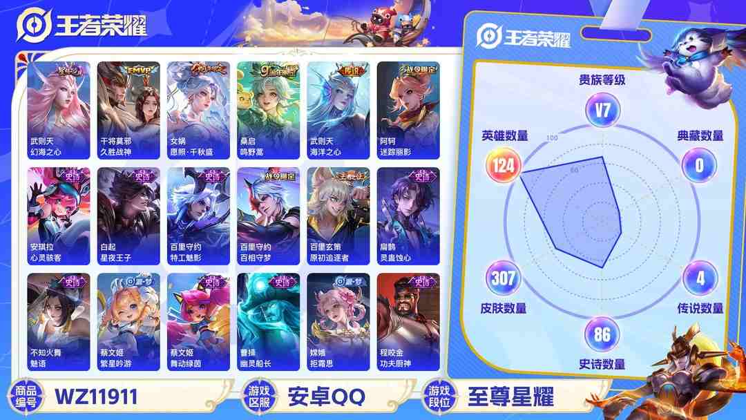 王者荣耀账号安卓QQ可二次【307皮肤1水晶4传说1星元】安卓QQ-124英雄-307皮肤【1水晶】 武则天 【星元皮肤】幻海之心【传说皮肤】愿照·千秋盛 鸣野蒿 久胜战神 海洋之心【史诗皮肤】星界战将 妄想食味 地狱