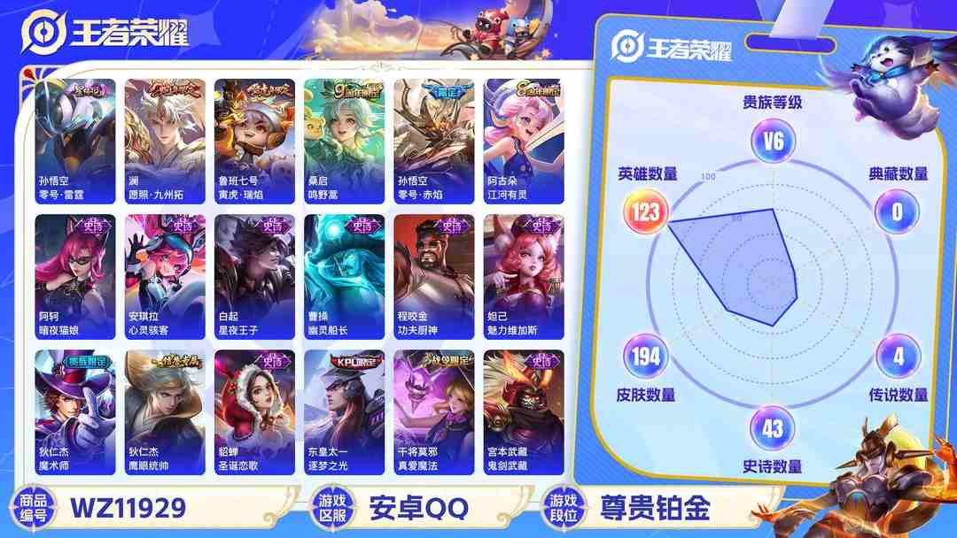 王者荣耀账号安卓QQ【194皮肤4传说1星元】安卓QQ-123英雄-194皮肤【星元皮肤】零号雷霆【传说皮肤】愿照·九州拓 鸣野蒿 寅虎·瑞焰 零号·赤焰【史诗皮肤】江河有灵 妄想食味 天穹祈灯 天穹之誓 鹤归松栖 完