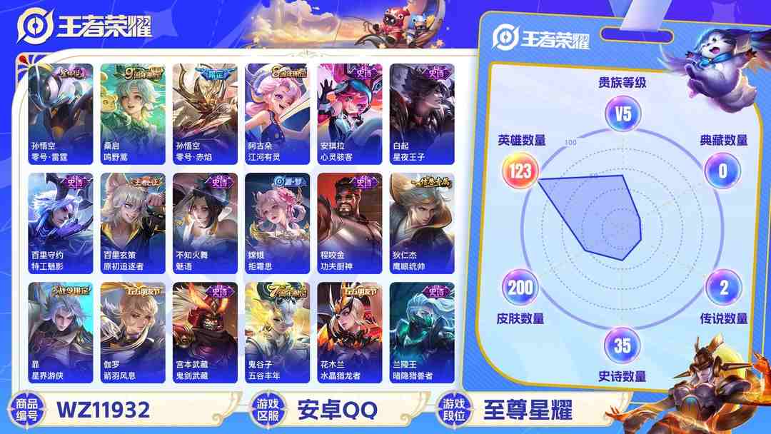 王者荣耀账号安卓QQ【200皮肤2传说1星元】安卓QQ-123英雄-200皮肤【星元皮肤】零号雷霆【传说皮肤】鸣野蒿 零号·赤焰【史诗皮肤】江河有灵 地狱燃心 天穹祈灯 天穹之誓 逐霄战戟 星界游侠 山海·玄木吟 完美