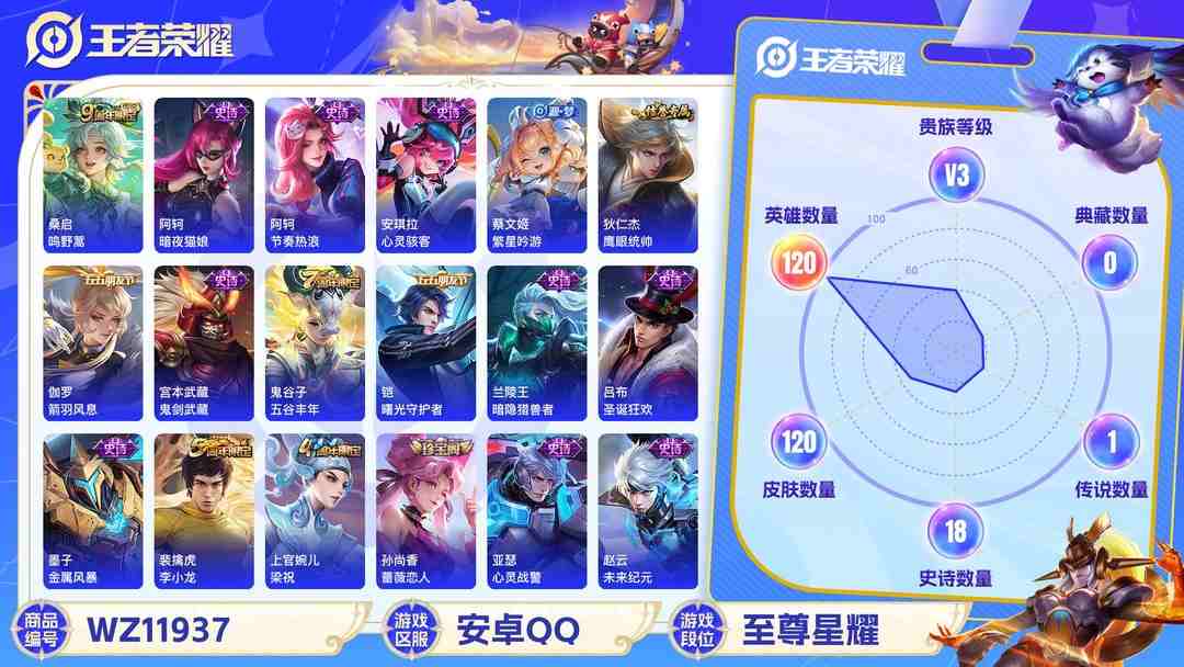王者荣耀账号安卓QQ可二次【120皮肤1传说】安卓QQ-120英雄-120皮肤【传说皮肤】鸣野蒿【史诗皮肤】完美运算 繁星吟游 鹰眼统帅 箭羽风息 鬼剑武藏 曙光守护者 暗隐猎兽者 圣诞狂欢 金属风暴 梁祝 李小龙 水