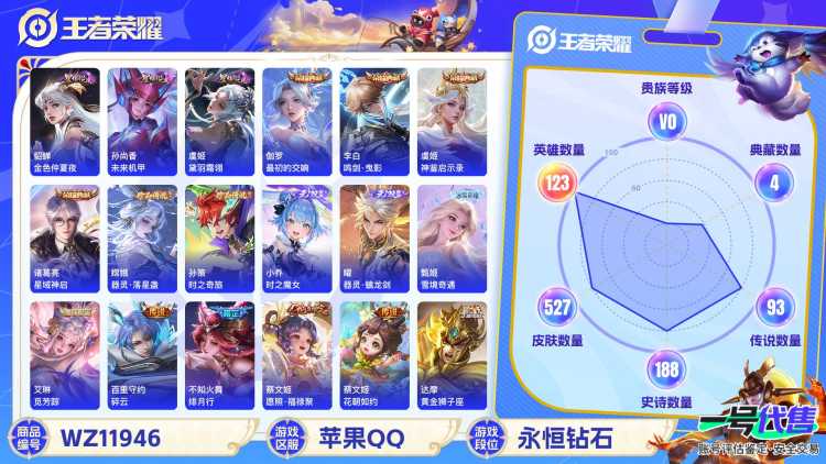 可二次【无双V10女号 527皮肤93传说4水晶3无双3星元2珍品满蛇年】苹果QQ-123英雄-527皮肤【4水晶】 最初的交响 神鉴启示录 星域神启 鸣剑·曳影【无双皮肤】时之魔女 雪境奇遇 器灵
