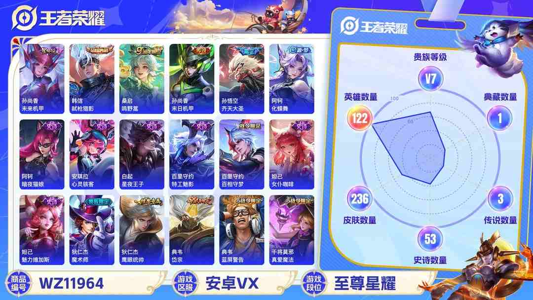王者荣耀账号安卓VX【236皮肤1水晶3传说1星元】安卓V区-122英雄-236皮肤【1水晶】 弑枪猎影【星元皮肤】未来机甲【传说皮肤】鸣野蒿 齐天大圣 末日机甲【史诗皮肤】破空之剑 百相守梦 顽趣 蔬乡物语 完美运算
