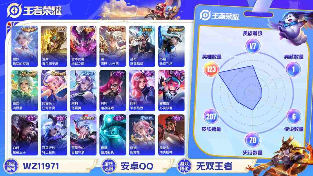 王者荣耀账号安卓QQ可二次【神威207皮肤1水晶6传说】安卓QQ-123英雄-207皮肤【1水晶】 最初的交响【传说皮肤】愿照·九州拓 鸣野蒿 无双飞将 黄金狮子座 地狱之眼 怒海麟威【史诗皮肤】神威 龙之律动 琥珀纪