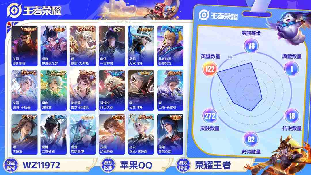 王者荣耀账号苹果QQ可二次【18传说272皮肤1水晶】苹果QQ-122英雄-272皮肤【1水晶】 赤影疾锋【传说皮肤】愿照·九州拓 愿照·千秋盛 李逍遥 鸣野蒿 云鹰飞将 妄想实况 山海·苍雷引 齐天大圣 无双飞将 仲