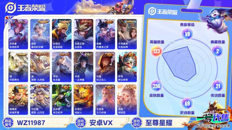 可二次【打野44段6金标21传说256皮肤2水晶1星元】安卓V区-123英雄-256皮肤【2水晶】 最初的交响 全息碎影【星元皮肤】未来机甲【传说皮肤】白虎志 愿照·山河定 愿照·九州拓 续相思 云