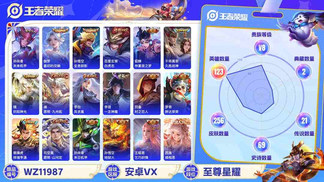 王者荣耀账号安卓VX可二次【打野44段6金标21传说256皮肤2水晶1星元】安卓V区-123英雄-256皮肤【2水晶】 最初的交响 全息碎影【星元皮肤】未来机甲【传说皮肤】白虎志 愿照·山河定 愿照·九州拓 续相思 云