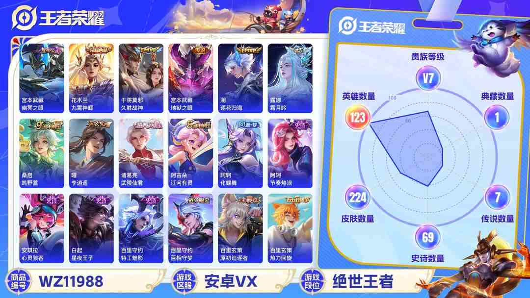 王者荣耀账号安卓VX可二次【李逍遥224皮肤1水晶7传说1星元】安卓V区-123英雄-224皮肤【1水晶】 九霄神辉【星元皮肤】幽冥之眼【传说皮肤】李逍遥 霜月吟 逐花归海 鸣野蒿 久胜战神 地狱之眼 武陵仙君【史诗皮