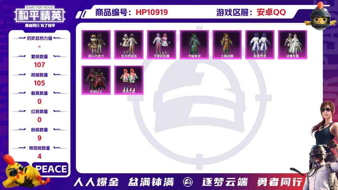 和平精英账号安卓QQ【奶油三姐妹满级五爪金龙9粉装4特效枪】 安卓Q区-37824热力值-5印记-107套装-105枪皮 【9粉装】 宝贝奶油派 天使彩虹糖 甜心巧克力 新星烈龙（小白龙） 冰霜白皇 炫光之旅 炙焰红王