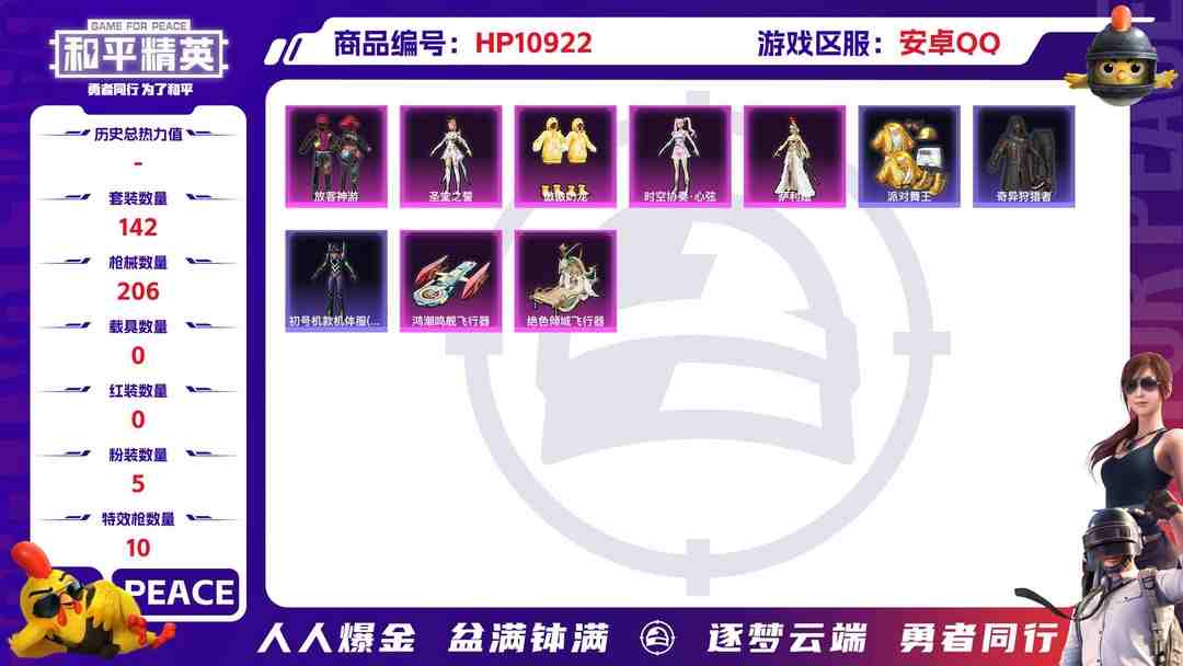 和平精英账号安卓QQ【金鞋满级风花雪月10特效枪5粉装】 安卓Q区-63452热力值-12印记-142套装-206枪皮 【4稀有】 派对舞王 派对舞王（金靴子） Mark.06蓝螳螂 奇异狩猎者【5粉装】 放客神游 圣