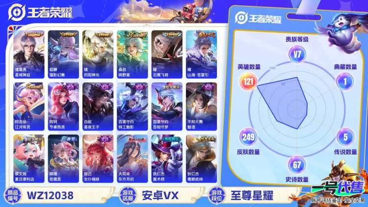 可二次【249皮肤1水晶5传说】安卓V区-121英雄-249皮肤【1水晶】 星域神启【传说皮肤】鸣野蒿 云鹰飞将 山海·苍雷引 猫影幻舞 炽阳神光【史诗皮肤】谪仙醉月 顽岩魄 燃音魔法 江河有灵 天