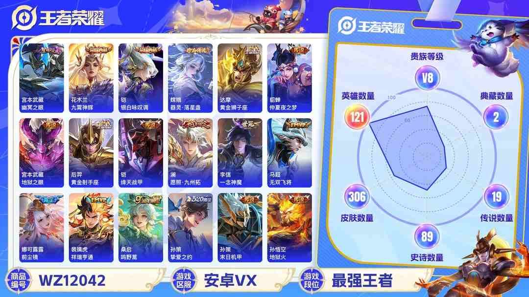 王者荣耀账号安卓VX可二次【19传说306皮肤2水晶1星元1珍品】安卓V区-121英雄-306皮肤【2水晶】 九霄神辉 银白咏叹调【星元皮肤】幽冥之眼【传说皮肤】愿照·九州拓 鸣野蒿 云鹰飞将 前尘镜 无双飞将 挚爱之