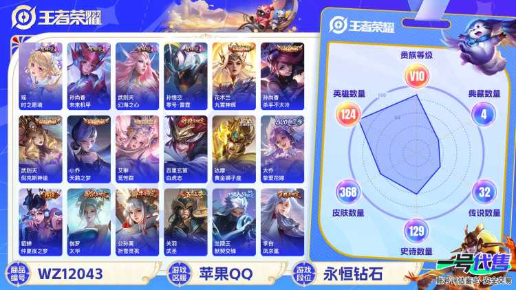 可二次【连体女号V10 2国服365皮肤5水晶32传说4星元9金标 送吃鸡战神框S1全套梦幻火箭12粉装5特效枪4载具】苹果QQ-123英雄-365皮肤【5水晶】 武则天 九霄神辉 天鹅之梦 杀手不