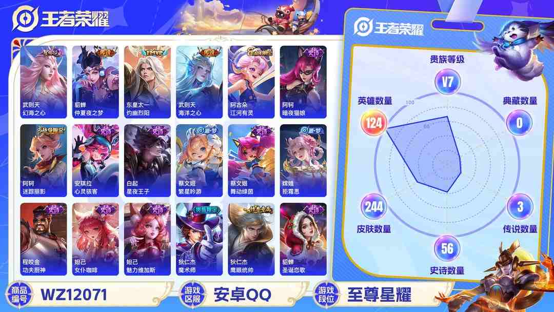 王者荣耀账号安卓QQ可二次【244皮肤1水晶3传说1星元神威至尊宝】安卓QQ-124英雄-244皮肤【1水晶】 武则天 【星元皮肤】幻海之心【传说皮肤】灼幽烈阳 仲夏夜之梦 海洋之心【史诗皮肤】冰锋战神 神威 至尊宝 