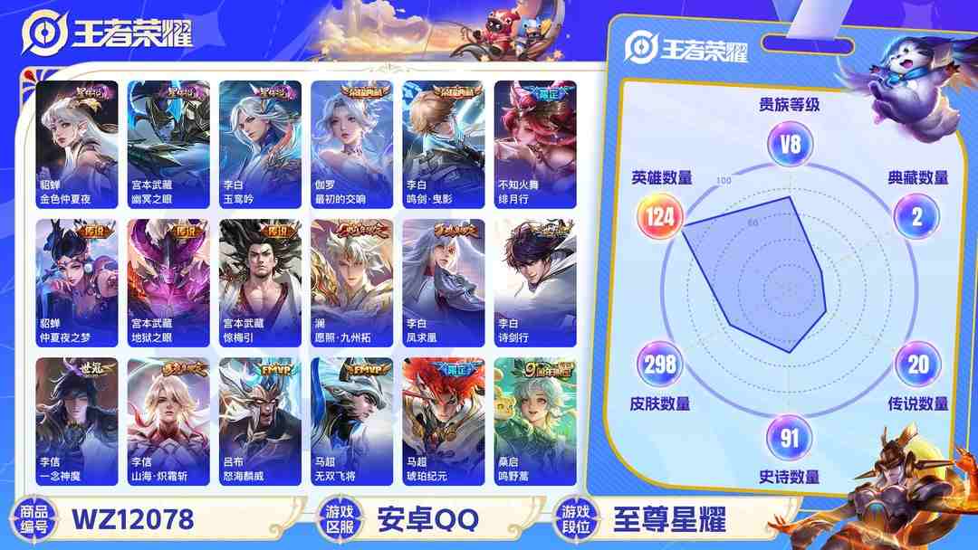 王者荣耀账号安卓QQ【21传说298皮肤2水晶3星元】安卓QQ-124英雄-298皮肤【2水晶】 最初的交响 鸣剑·曳影【星元皮肤】玉鸾吟 幽冥之眼 金色仲夏夜【传说皮肤】愿照·九州拓 李逍遥 琥珀纪元 鸣野蒿 惊梅引