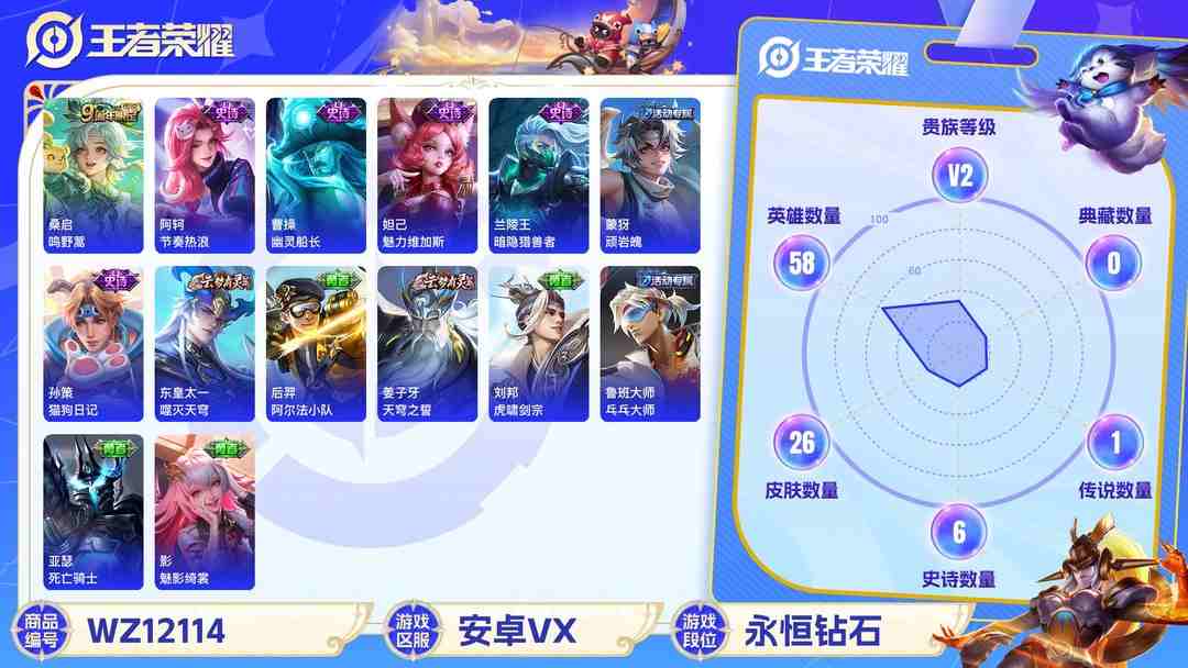 王者荣耀账号安卓VX可二次【1传说】安卓V区-58英雄-26皮肤【传说皮肤】鸣野蒿【史诗皮肤】顽岩魄 天穹之誓 幽灵船长 魅力维加斯 暗隐猎兽者 猫狗日记 水果甜心 节奏热浪【勇者皮肤】噬灭天穹 魅影绮裳 阿尔法小队 
