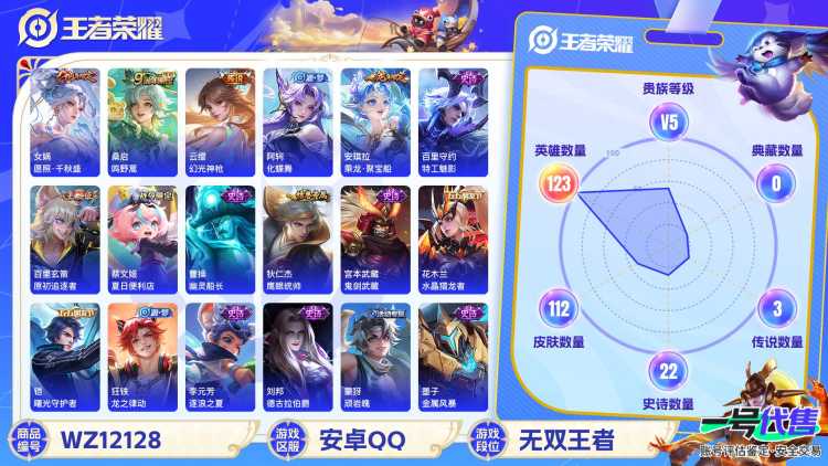 可二次【3传说练手小号】安卓QQ-123英雄-112皮肤【传说皮肤】愿照·千秋盛 鸣野蒿 幻光神枪【史诗皮肤】龙之律动 乘龙·聚宝船 星界战将 顽岩魄 天穹祈灯 天穹之誓 逐霄战戟 幽灵船长 鹰眼统